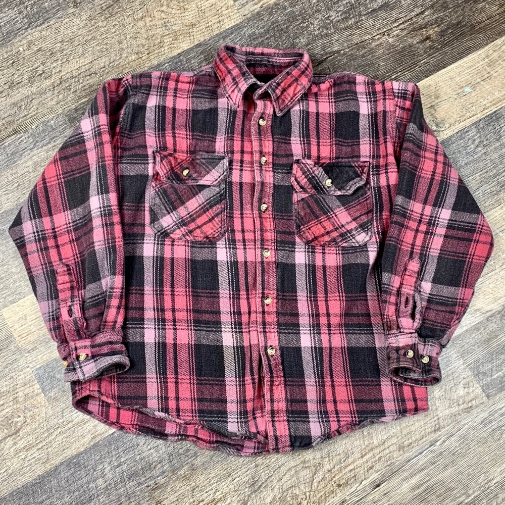 Vintage Flannel Shirt Pink Striped Size Medium Collared Full Button Casual